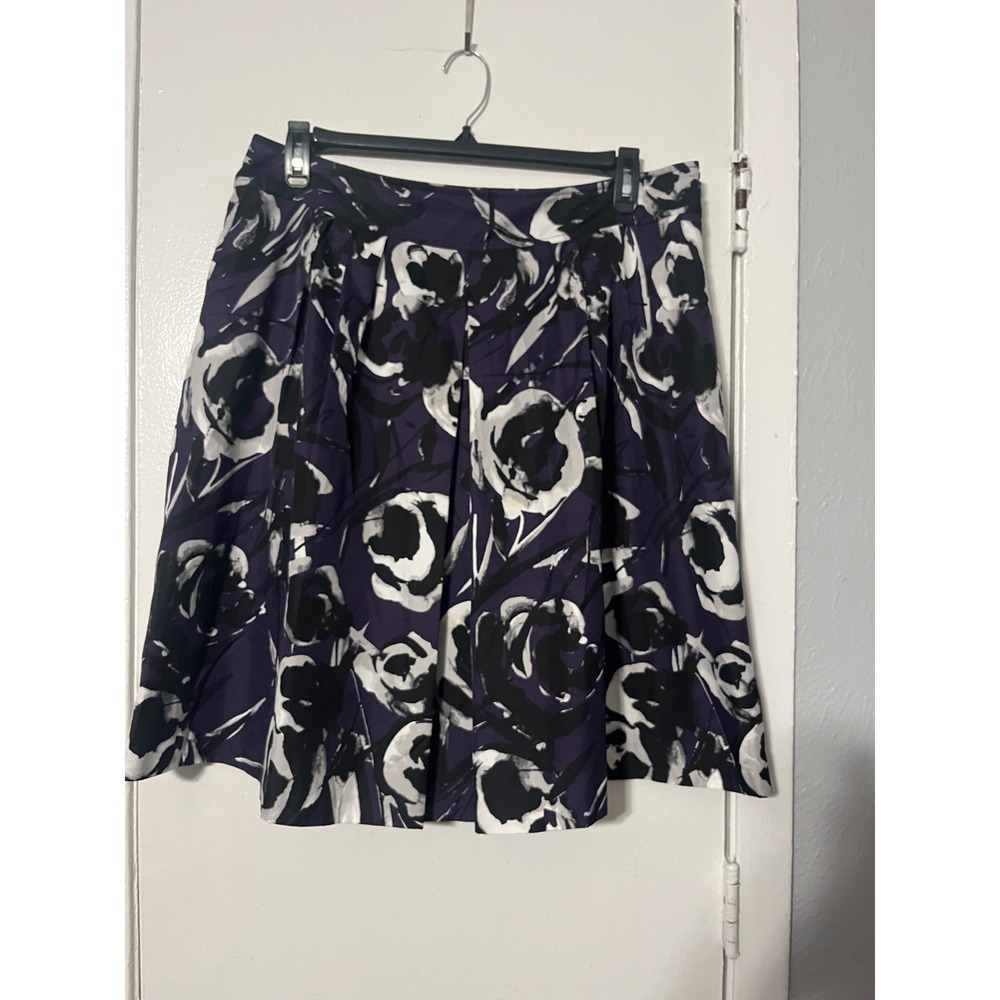 Ann Taylor Purple Black White Abstract Floral A-Line Pleated Skirt‎ Size 16